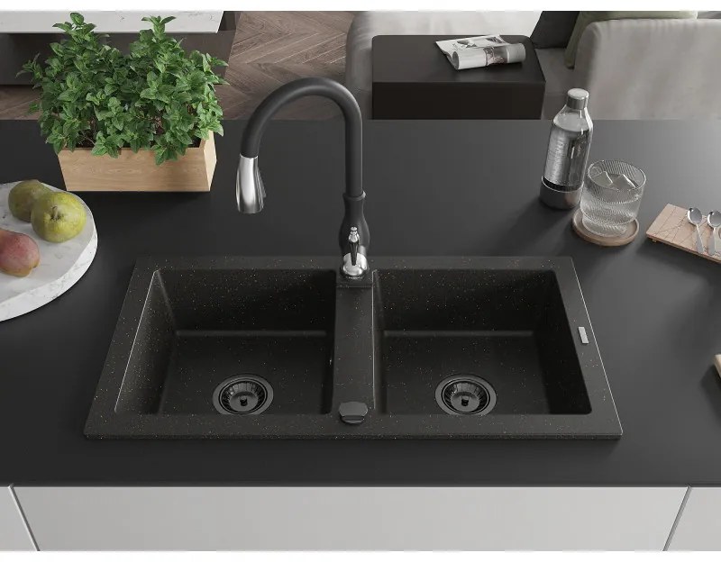 Mexen Mario, 2-komorový granitový drez 820x436x161 mm a drezová batéria Savita, čierna-zlatá metalíza, 6504-75-672601-70-B