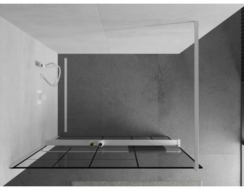 Mexen Kioto+, sprchová zástena Walk-In s poličkou a vešiakom 100 x 200 cm, 8mm číre sklo čierny vzor, biely profil, 800-100-121-20-78