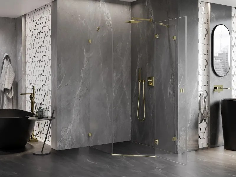 Mexen Lunar, päťuholníkový sprchový kút naklápací vpravo 80 x 100 cm, 8mm číre sklo, zlatý profil, 831-080P-100L-50-00-P