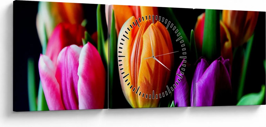 Obraz tulipánov na čiernom pozadí (s hodinami) (90x30 cm)