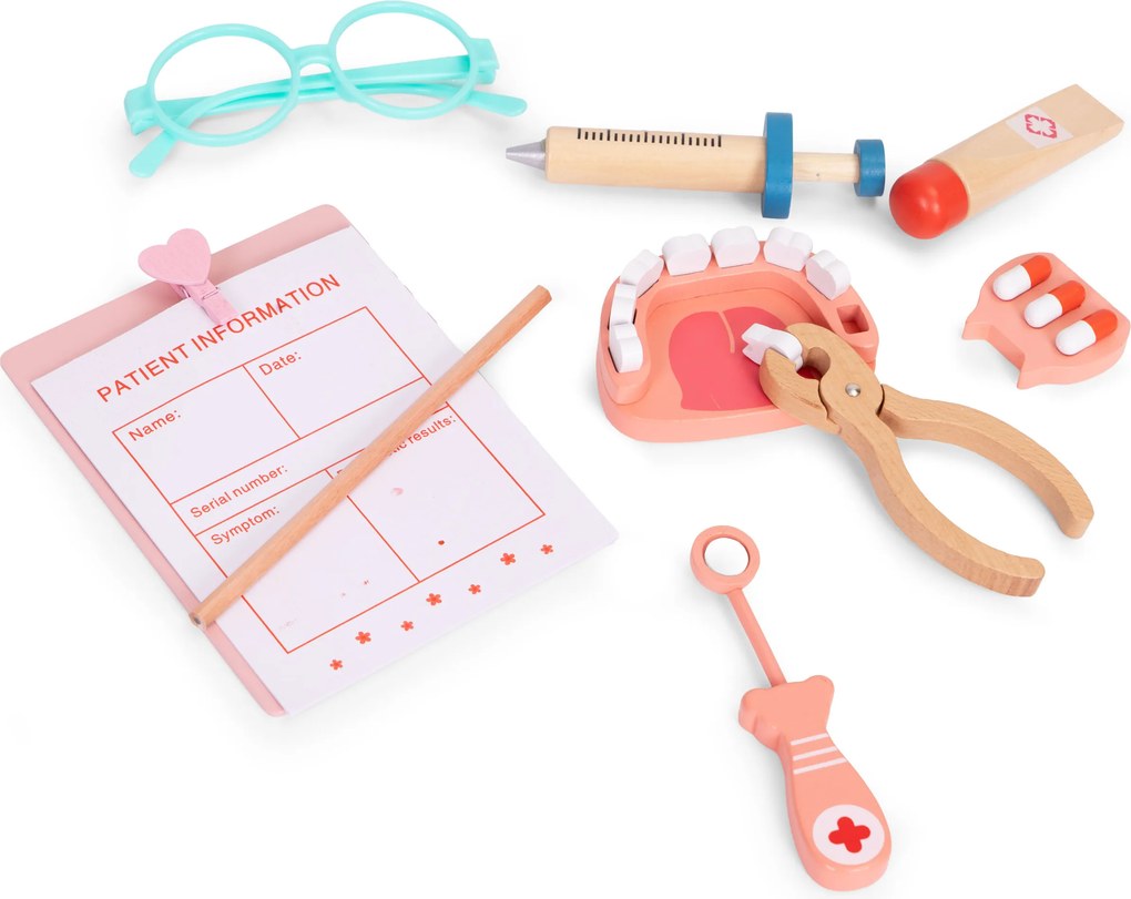 ECOTOYS Dřevěná lékařská sada ECOTOYS, 28 doplňků, lékařská taška, od 3 let