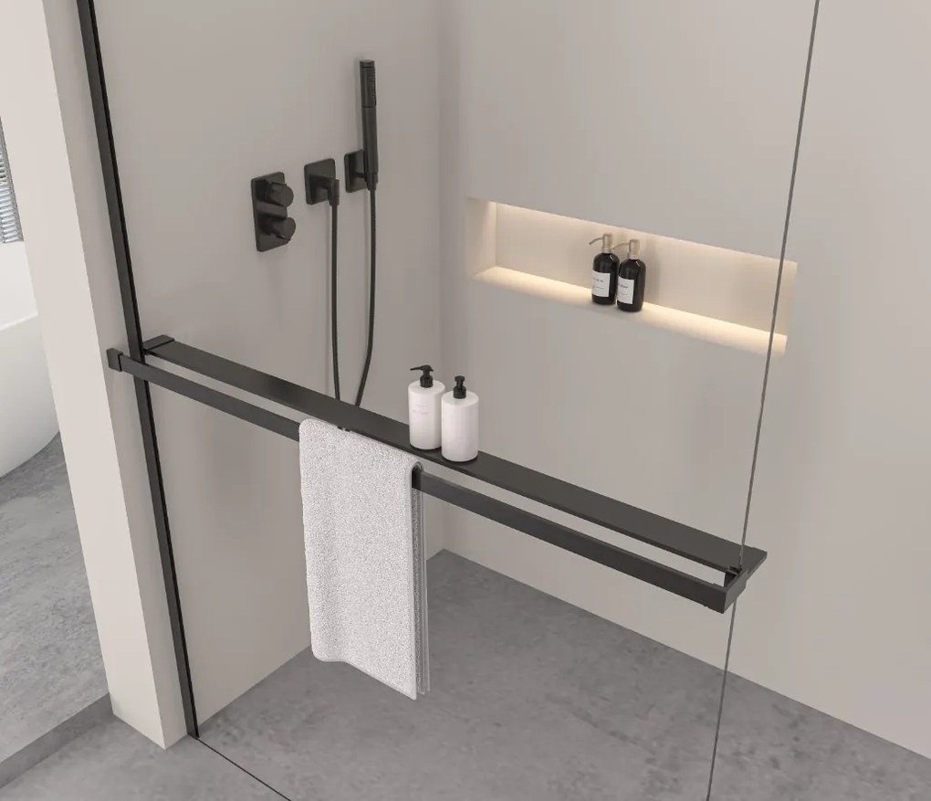 Erga Paris, sprchová zástena Walk-In 110x200 cm s poličkou a vešiakom na uteráky, 8mm číre sklo, čierny profil, ERG-V02-PARIS-110x200-CL-BK-BAR