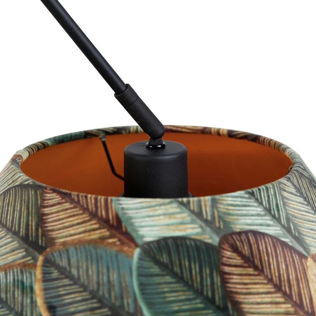 Závesné svietidlo čierne s dvojvrstvovým zamatovým tienidlom s dizajnom listov a béžovou farbou - Blitz