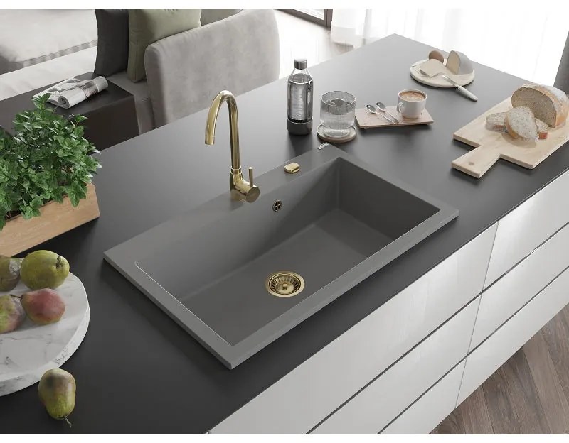 Mexen Elix, 1-korový granitový drez 800 x 500 mm, šedá, zlatý sifón, 6527801005-71-G