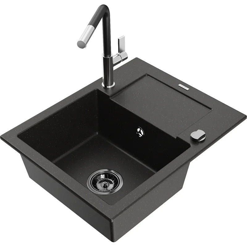 Mexen Enzo, 1-komorový granitový drez 576x465x174 mm a drezová batéria Flora, čierna-zlatá metalíza, 6506-75-670401-07-B