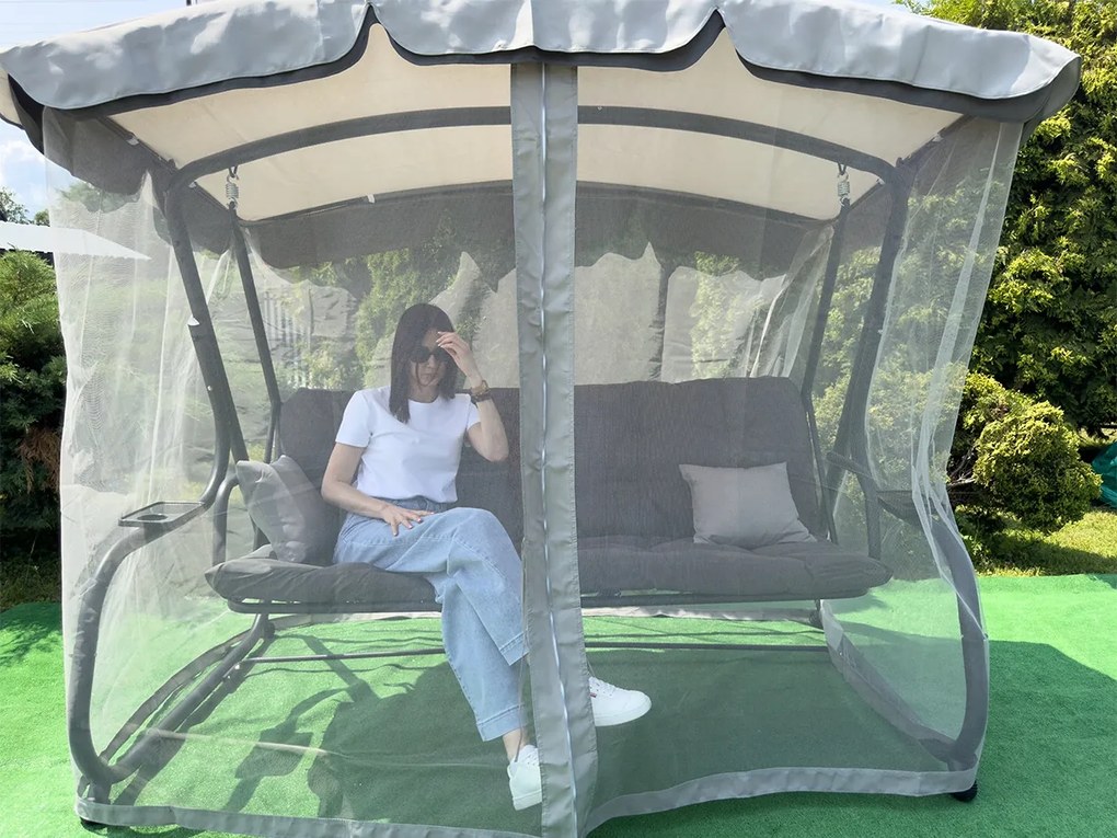 CH ZÁHRADNÁ HOJDAČKA S MOSKYTIÉROU 220 x 130 x 175 CM ŠEDÁ S FUNKCIOU LEŽANÍKA