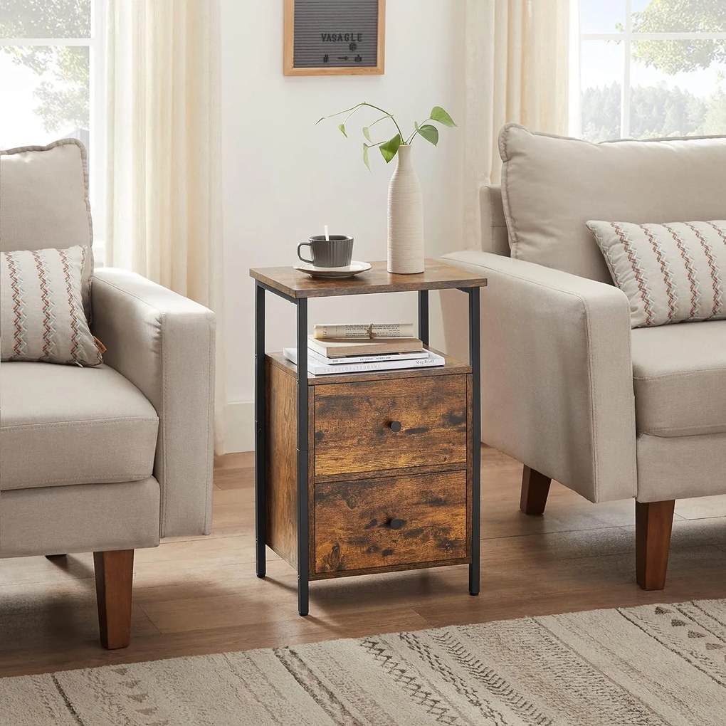 Nočný stolík s 2 zásuvkami, rustikálny hnedý