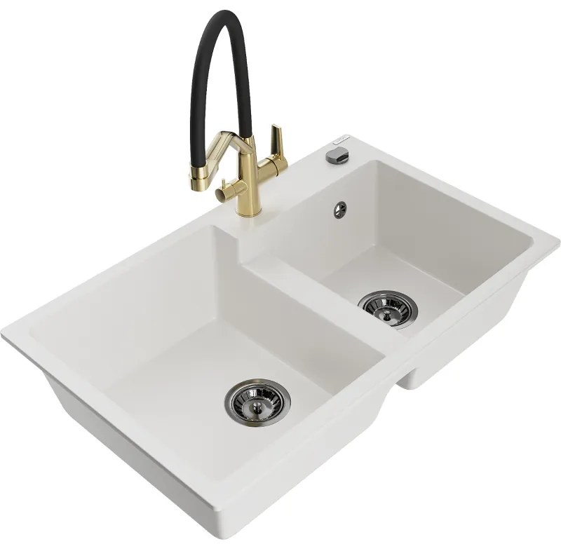 Mexen Tomas, 2-komorový granitový drez 800x500x190 mm a kuchynská batéria Duo, biela, 6516-20-671701-57-B