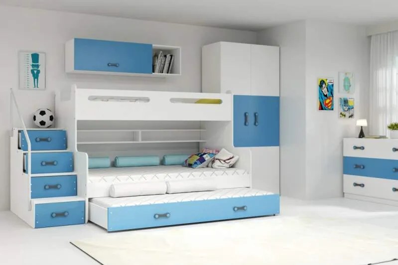 Poschodová posteľ s prístelkou MAX 3 rozšírená 200x120 biela - modrá