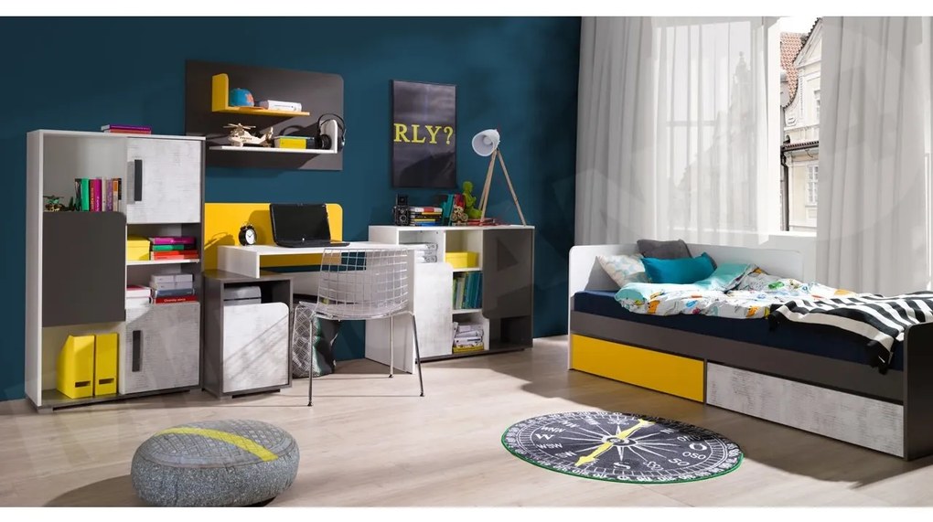 Nábytok pre mládež Runo III, Farby: biela + grafit / enigma + grafit + žltá, záhlavia do postele: ľavá