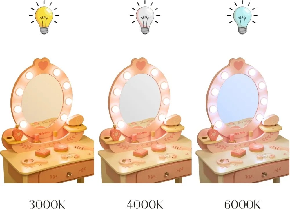 Veľká drevená toaletka ELLY pre deti s LED svetlom a taburetkou ružová