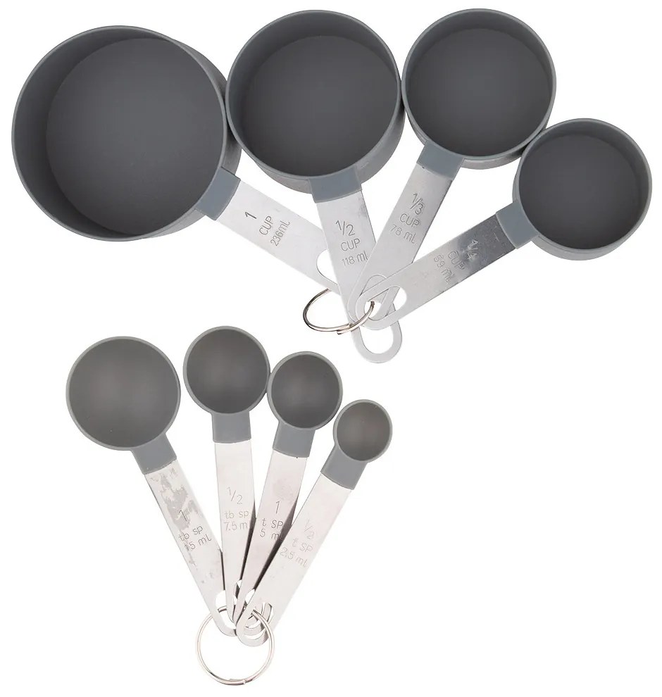 ALTOM Kuchynské odmerky do dóz, súprava 8ks s kovovým úchytom, sivé