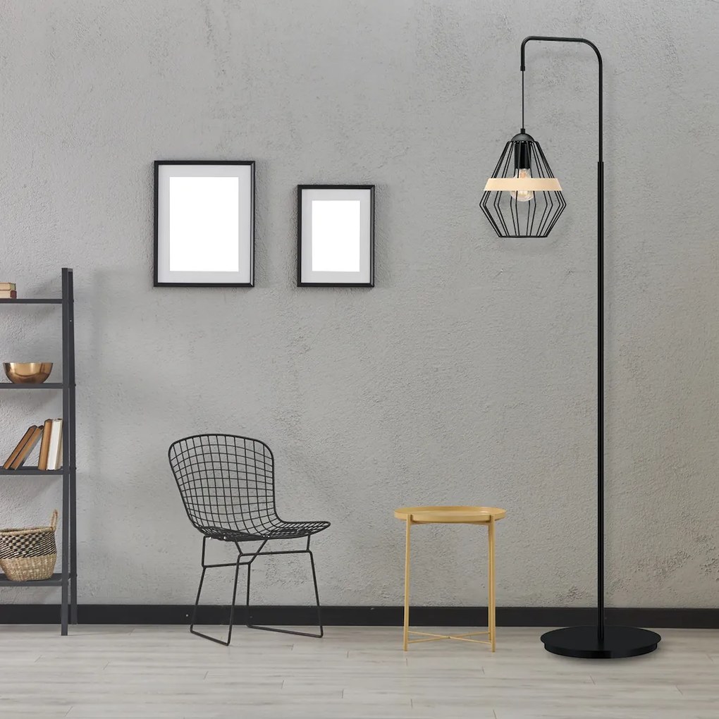 Stojacia lampa Cliff, 1x drevené/čierne drôtené tienidlo, b