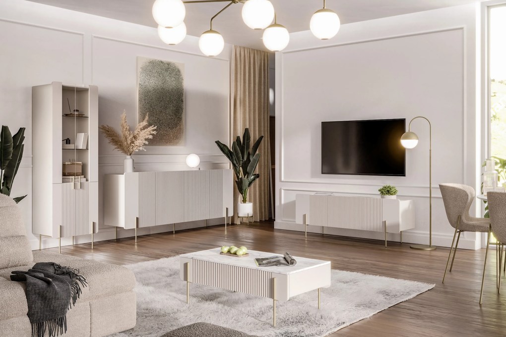 TV stolík Malmi 150 cm - kašmír / crema bianca / zlaté nožičky