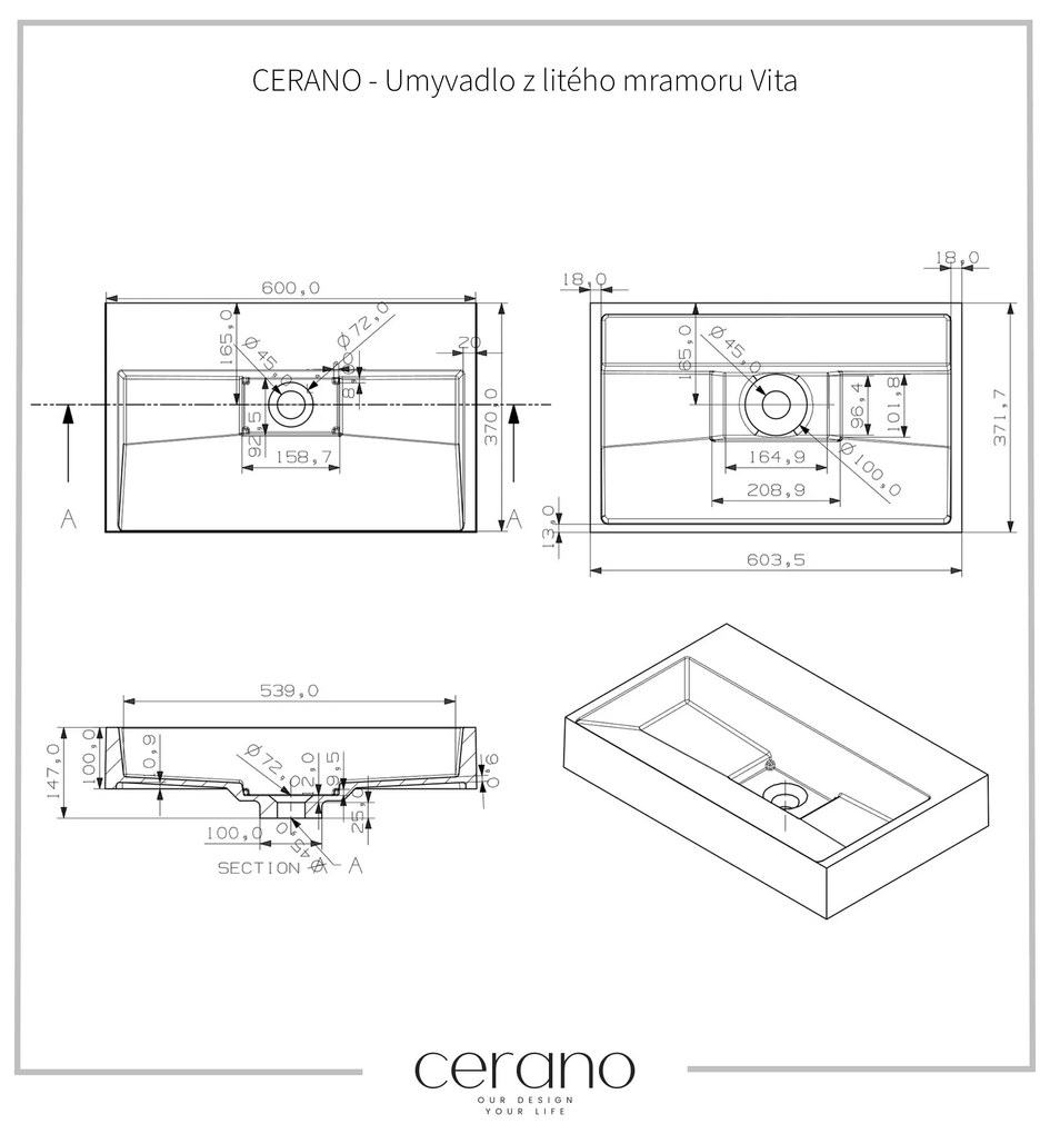 CERANO - Umývadlo z liateho mramoru Vita - nástenné aj na dosku - biela matná - 60x37 cm, CER-CER-8050BD6938