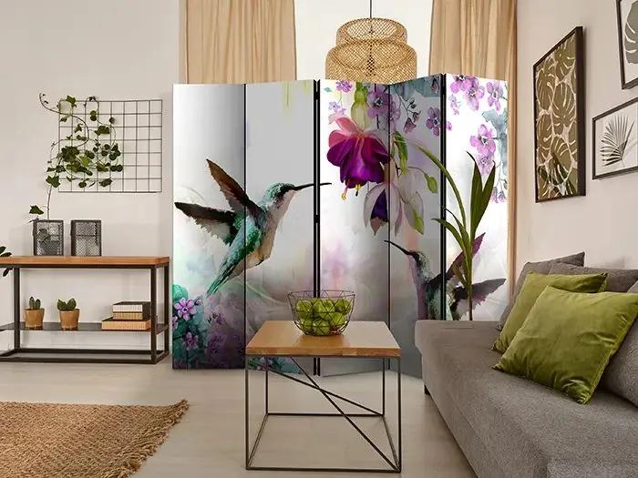 Paraván - Hummingbirds and Flowers II [Room Dividers] Veľkosť: 225x172, Verzia: Jednostranný