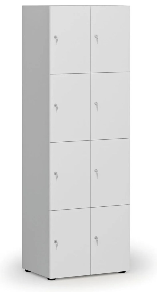 Drevená šatníková skrinka s úložnými boxmi, 8 boxov, cylindrický zámok, sivá/biela