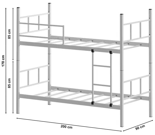 Kovová poschodová posteľ MAVEN 90x200 cm biela nosnosť 2x100 kg