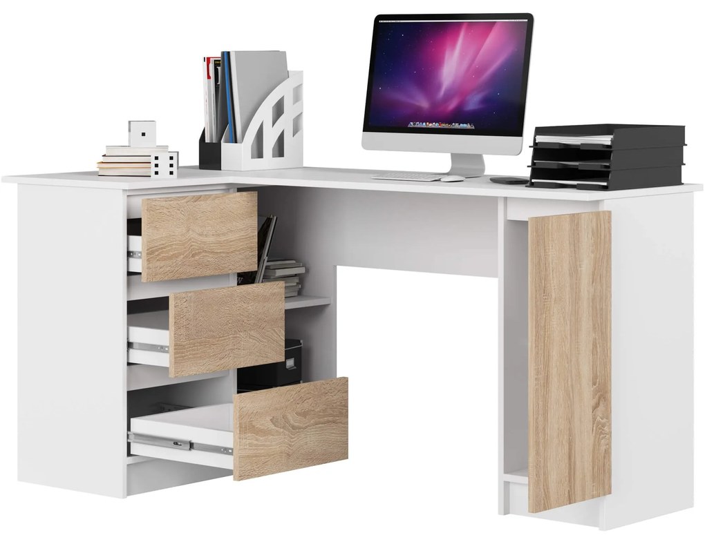 Rohový písací stôl B20 155 cm bílý/dub sonoma levý