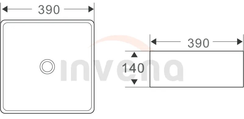 Invena Malaga, keramické umývadlo na dosku 390x390x140 mm, biela lesklá, INV-CE-39-001-C