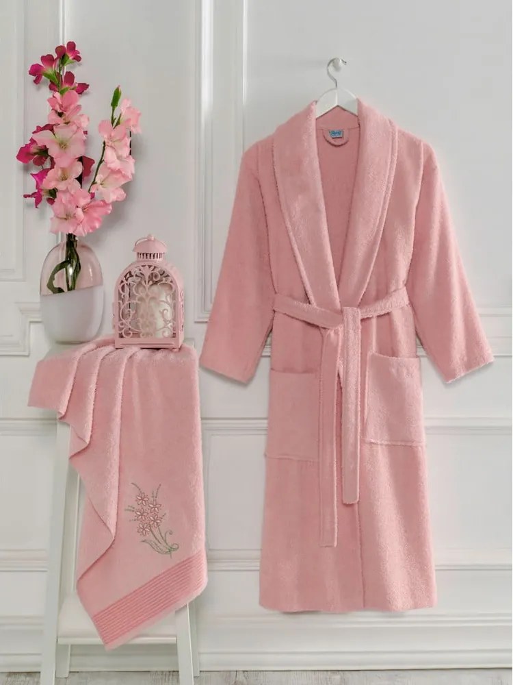 Ružový bavlnený župan a uterák v súprave veľkosť S/M – Mila Home