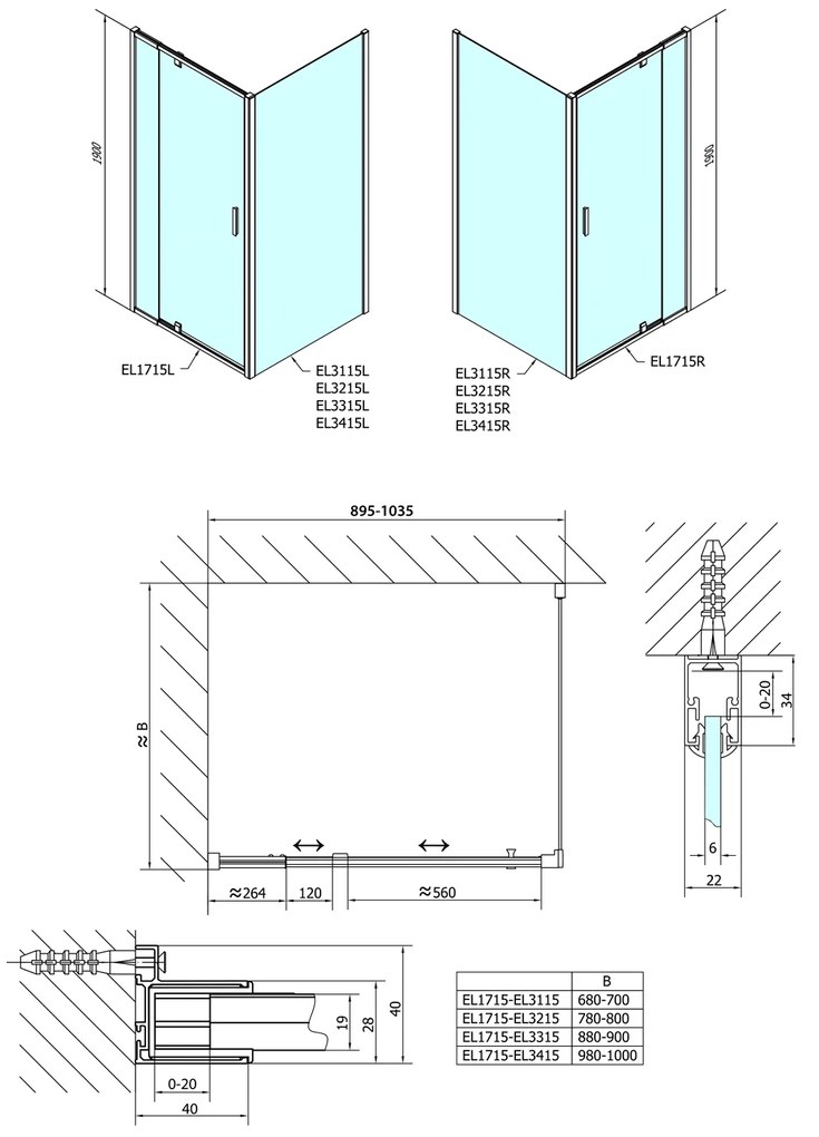 Polysan, Easy Line obdĺžniková sprchová zástena pivot dvere 900-1000x800mm L/P varianta, EL1715EL3215