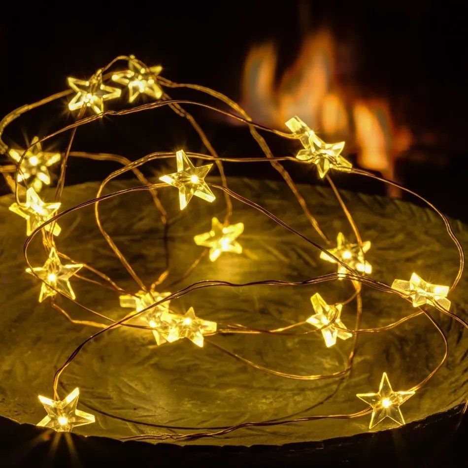 DECOLED LED světelný řetěz na baterie hvězdičky, teple bílá, 20 diod, 2,3 m