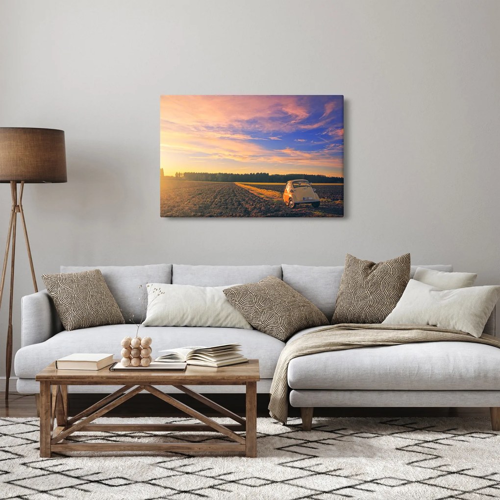 Obraz žltého auta v poli (90x60 cm)