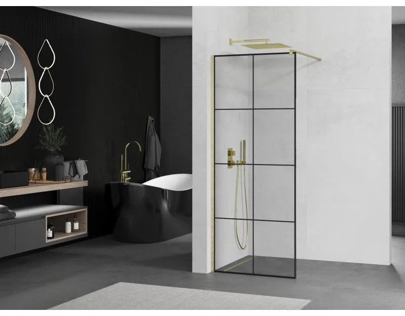Mexen Kioto, sprchová zástena Walk-In 90 x 200 cm, 8mm číre sklo čierny vzor, zlatý matný profil, 800-090-101-55-77