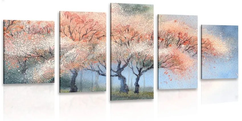 5-dielny obraz akvarelové kvitnúce stromy
