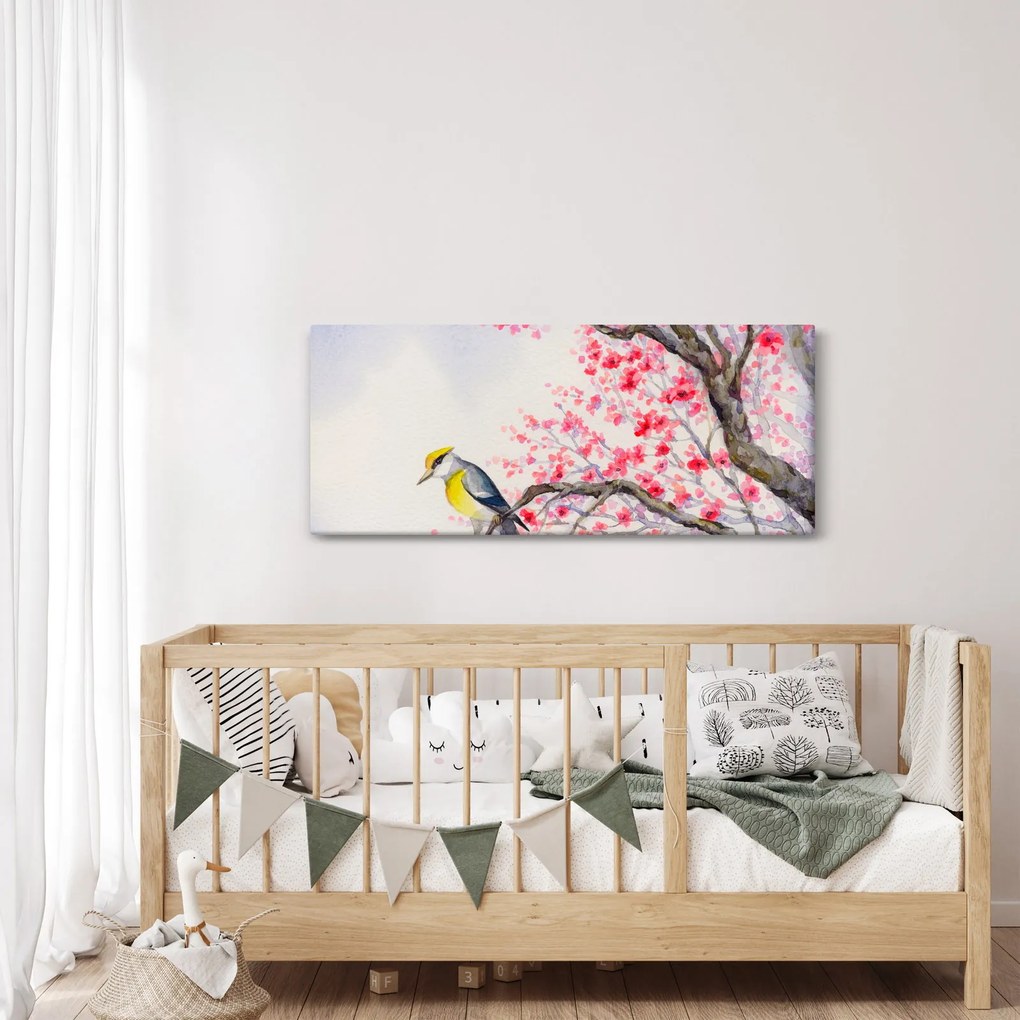 Obraz - Vtáčik na strome s červenými kvetmi (120x50 cm)