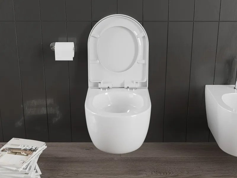 Mexen Carmen, závesná WC misa 490x365x340 mm, Rimless Tornádo + WC sedadlo z duroplastu, biela lesklá, 30880200T