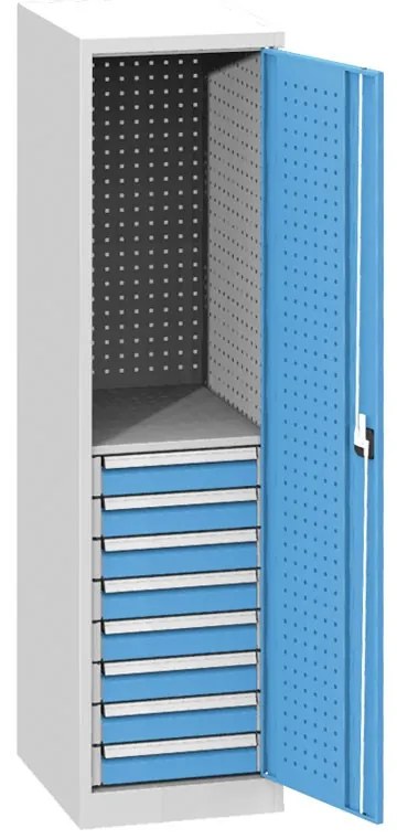Úzka dielenská zásuvková skriňa na náradie KOVOS, 1 polica, 8 zásuviek, zváraná, 505 x 600 x 1950 mm