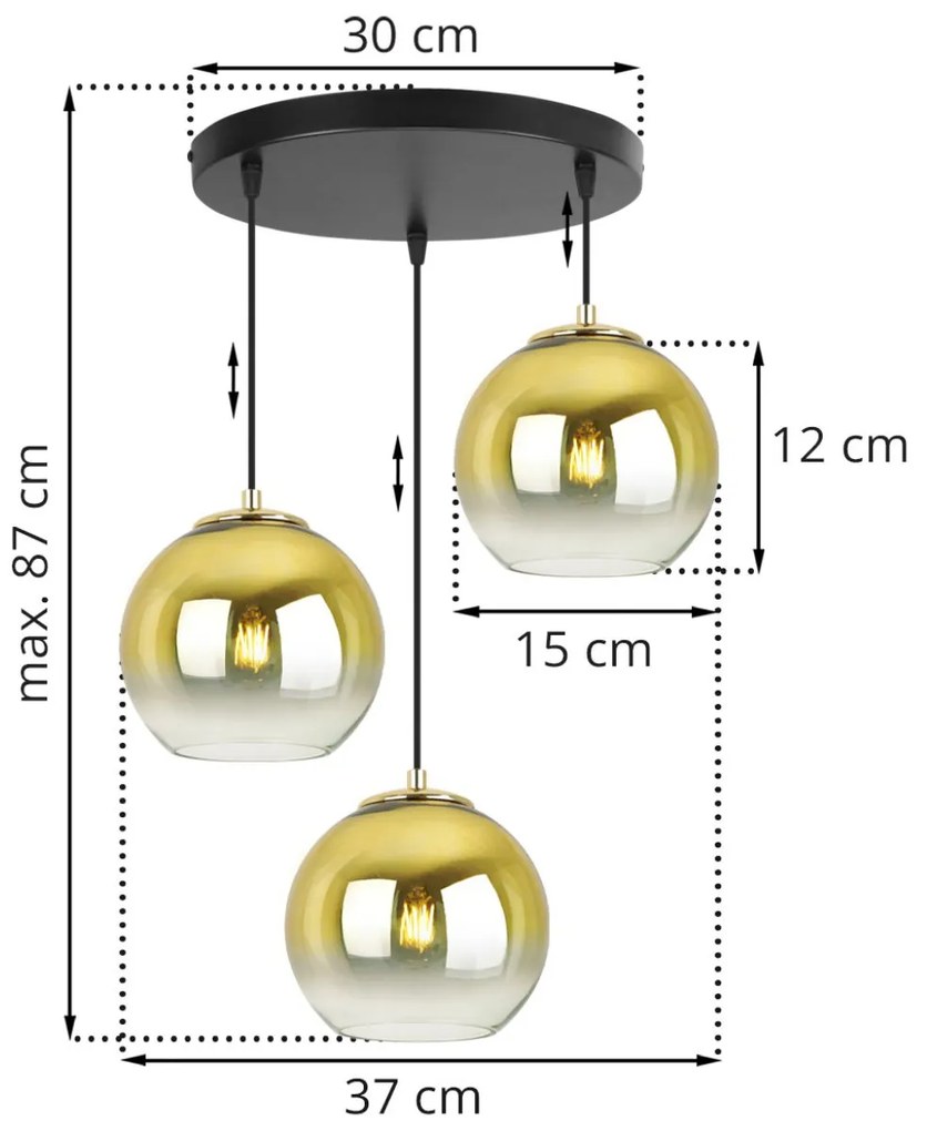 Závesné svietidlo Bergen Gold, 3x zlaté/transparentné sklenené tienidlo (fi 15cm), o