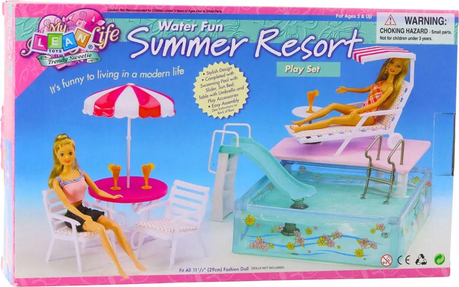 LEAN Toys Letovisko Set pre bábiky Bazén Šmykľavka Lehátka Dáždnik