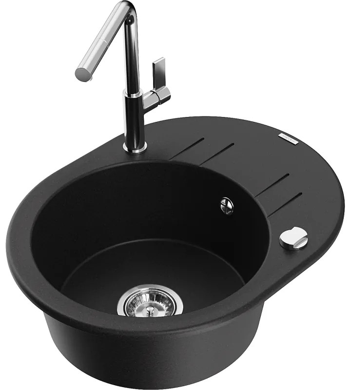 Mexen Kevin, 1-komorový granitový drez 586x458x190 mm a drezová batéria Flora, čierna, 6517-77-670401-00
