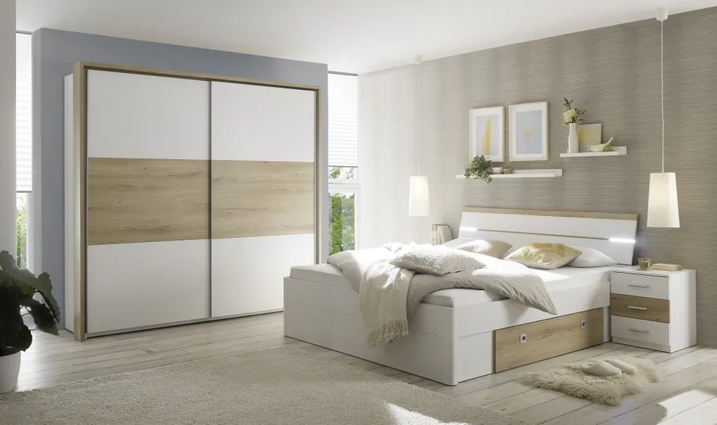 Posteľ s nočnými stolíkmi Kiara 180x200 cm, biela/dub baysen