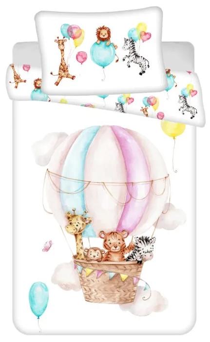 Súprava obliečok do postieľky Zvieratká "Flying balloon" + zaspávačik zajačik ružový