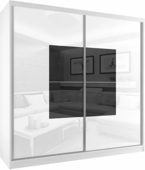 Luxusná šatníková skriňa s bielo čiernymi posuvnými sklenenými dverami šírka 200 cm biely korpus - S dojezdem