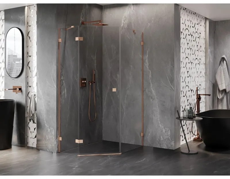 Mexen Lunar, päťuholníkový sprchový kút s ľavým sklonom 80 x 90 cm, 8mm číre sklo, profil medená matná, 831-080L-090P-65-00-L