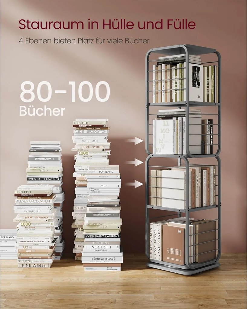 4-poschodová otočná polica na knihy, knižnica s oceľovým rámom, sivá