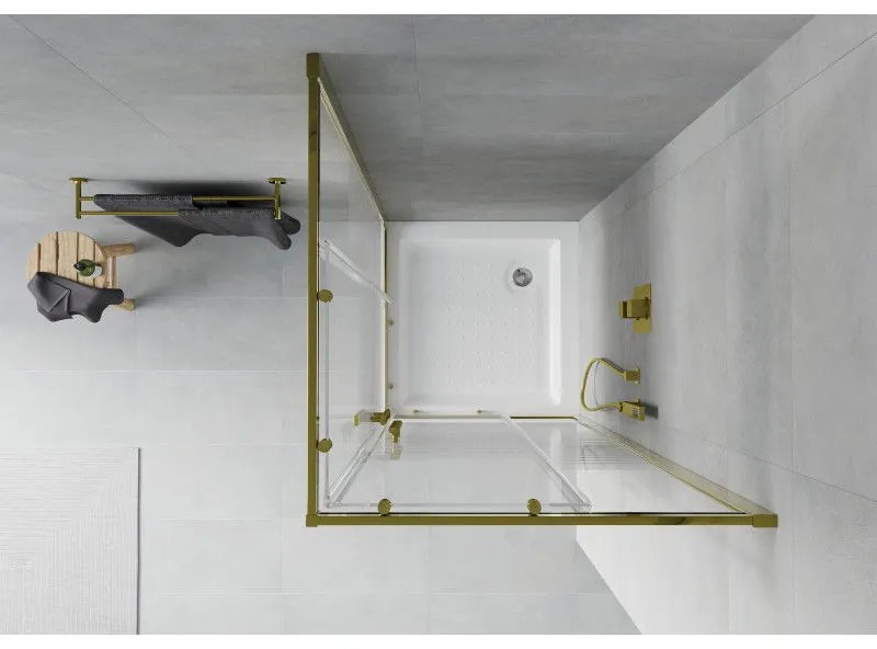 Mexen Rio, štvorcový sprchovací kút s posuvnými dverami 80(dvere) x 80(dvere) x 190 cm, 6mm číre sklo s pásikmi, zlatý profil + biela sprchová vanička RIO, 860-080-080-50-20-4510