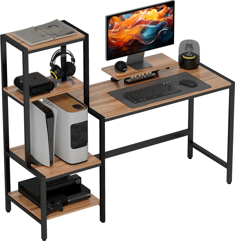 HOMCOM Stôl 150 x 48 cm Počítačový stôl Kancelársky stôl s Držiakom na Monitor, Držiakom na CPU, Poličkou na Tlačiareň, 4 Poličkami, Kovovým Rámom pre