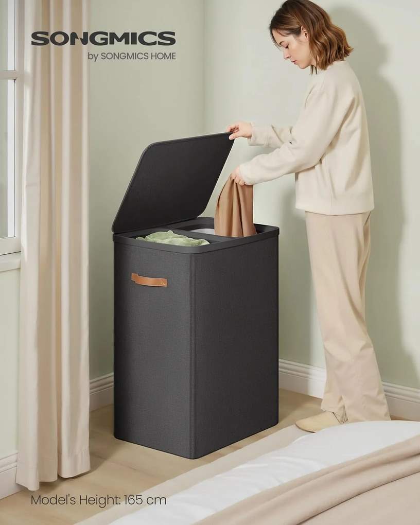 Kôš na prádlo s 2 priehradkami 170 L, 56x40x75 cm, čierny