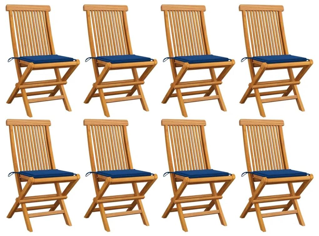 Záhradné stoličky s kráľovsky modrými podložkami 8 ks tíkový masív