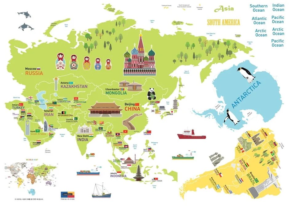 Detská samolepka na stenu 120x150 cm Giant World Map – Ambiance