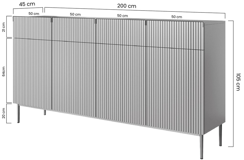 Komoda Nicole 200 cm so 4 zásuvkami - čierny mat / zlatá