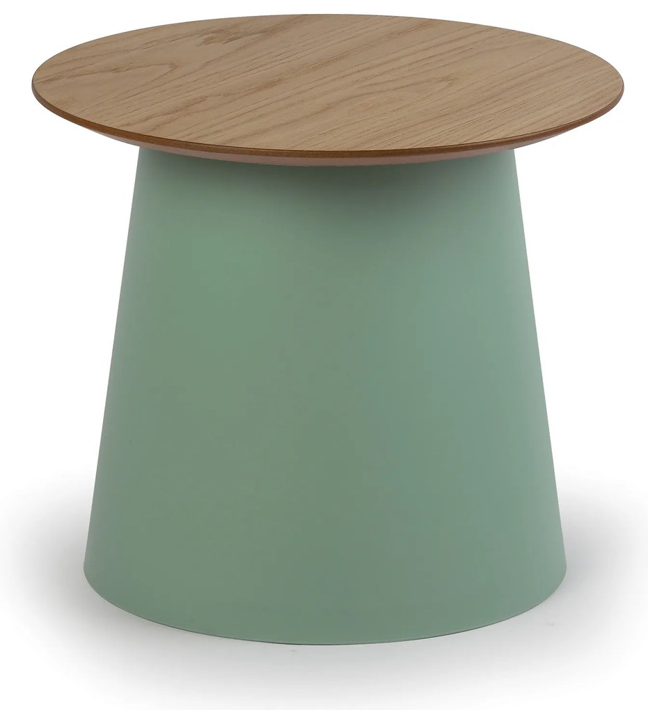 Plastový kávový stolík SETA s drevenou doskou, priemer 49 cm, dub/zelená