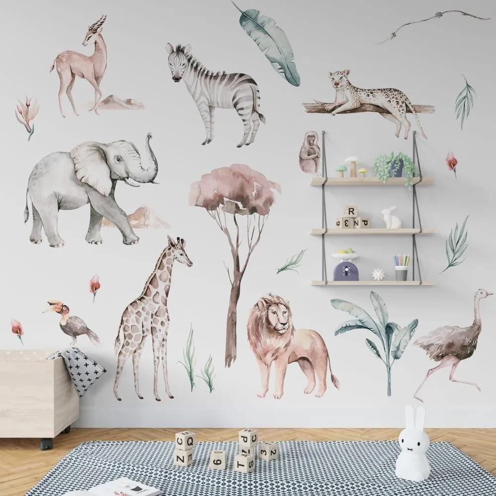 Gario Detská nálepka na stenu Savanna - slon, nosorožec, žirafa, lev a iné zvieratá