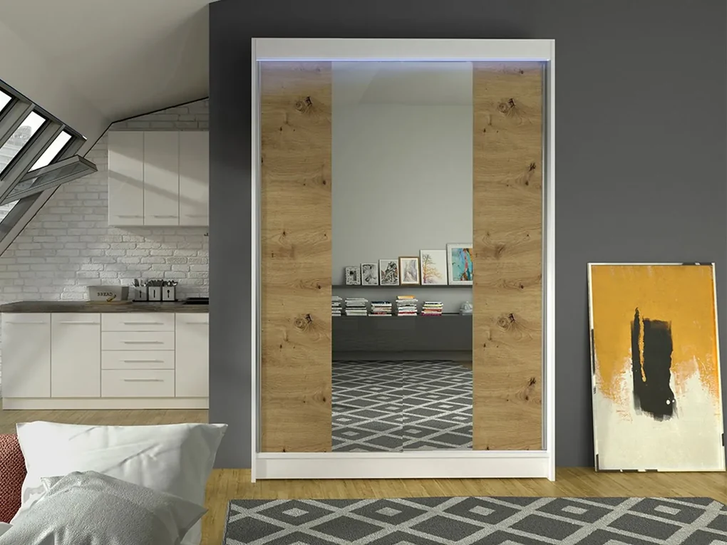 Posuvná skriňa so zrkadlom Parys II, Farby: biely / sonoma, Osvetlenie: osvetlenie LED RGB - farebné